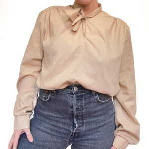 Vintage Retro 70s/80s Ascot Style Long Sleeve Nude Orange Polka Dot Blouse Large